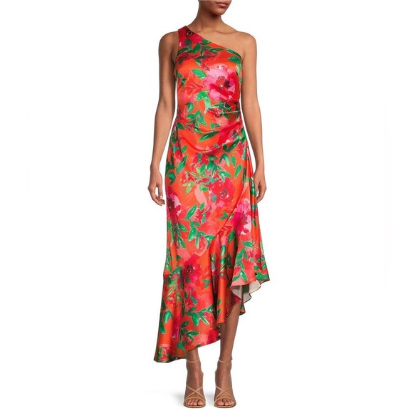 NWT Eliza J Painted Floral Satin One Shoulder Midi Dress - Picture 2 of 6
